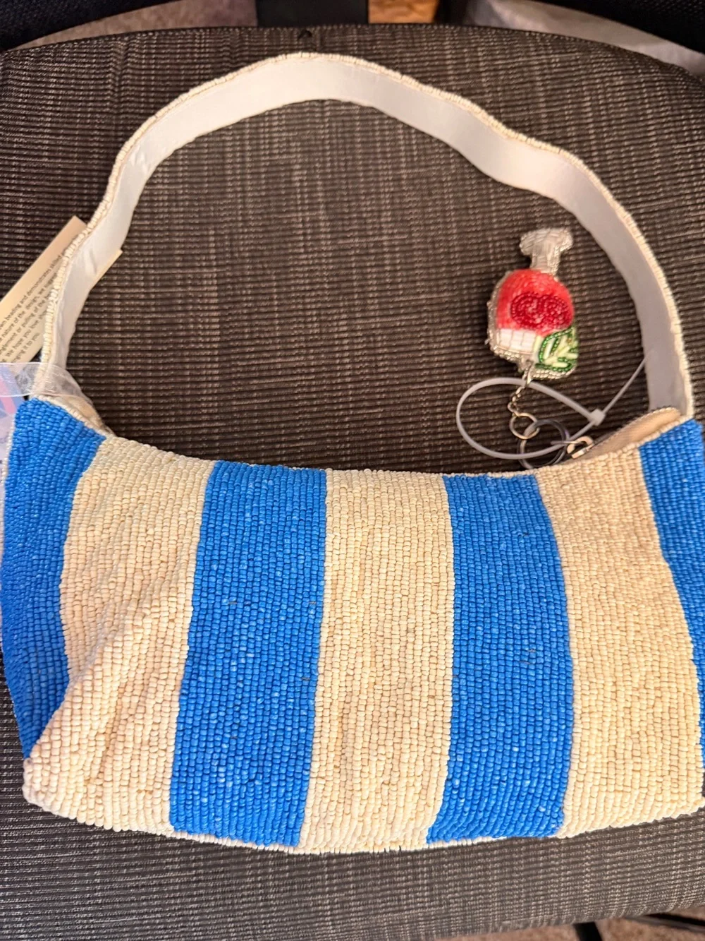 India Boutique Beaded Stripe Shoulder Bag in Blue & Cream with Cocktail Motifs